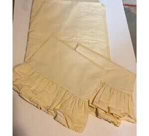 VTG Ralph Lauren Home Yellow Gingham Flat Sheet & Ruffled Pillowcases USA